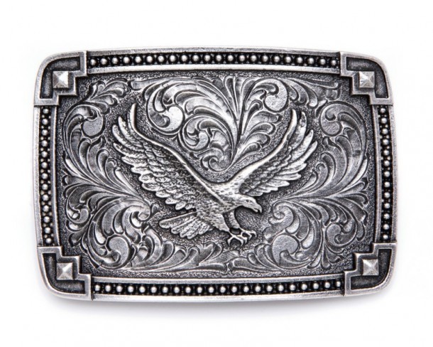 Soaring eagle silver plated rectangular belt buckle with engraved spiral mosaic