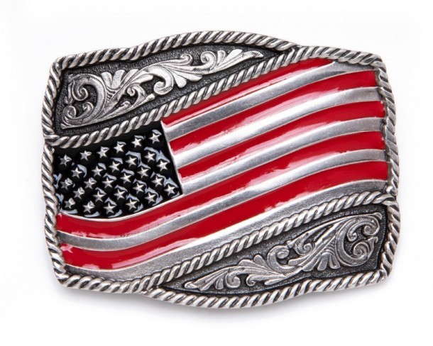 Painted USA waving flag silver plated patriotic belt buckle