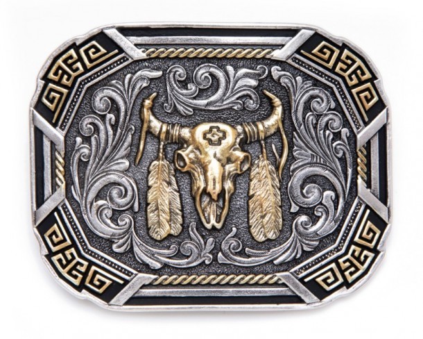 Southwestern style gold plated buffalo skull with mosaics belt buckle
