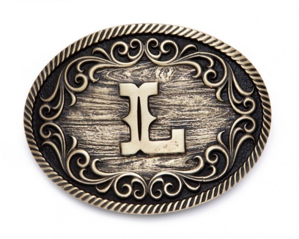 L letter Montana Silversmiths rodeo belt buckle with initials