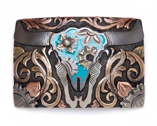 Hand-engraved steer skull belt buckle with blue enamel