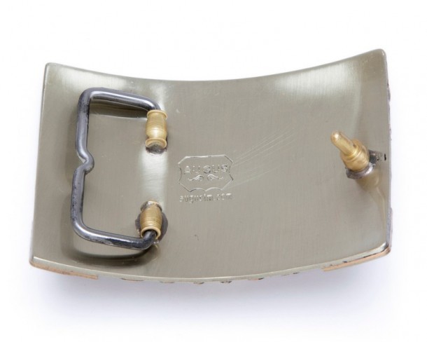 Hand-engraved steer skull belt buckle with blue enamel