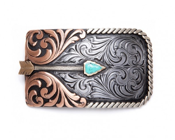 Fixed look Navajo arrow western buckle with two-tone filigrees