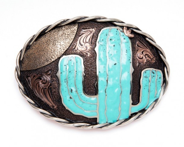 Turquoise enamel desert cactus Augus oval belt buckle with engraved background