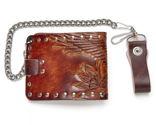 Flying eagle embossed cowboy style bifold wallet with chain and snap-on button