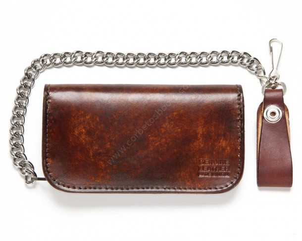 Engraved Southern flag antique cognac brown leather chain wallet