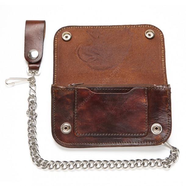 Eagle head engrave distressed brown leather biker chain wallet