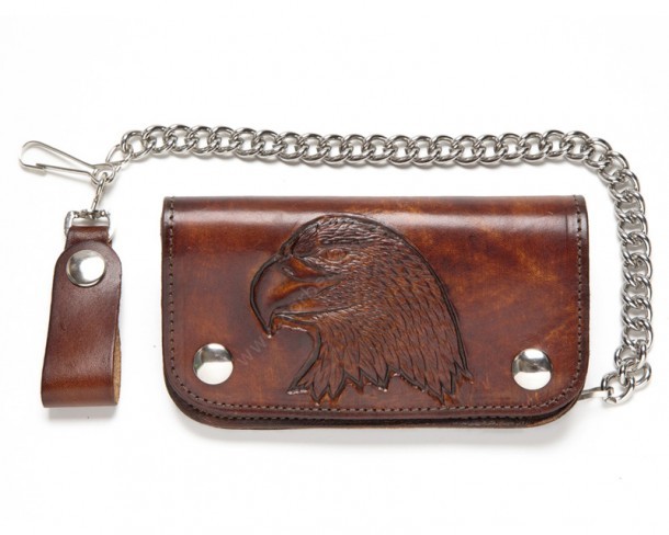 Antique brown leather biker chain wallet with engraved eagle head
