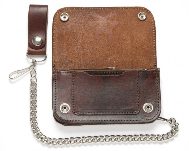 Biker style brown leather chain wallet with skull and crossbones emboss