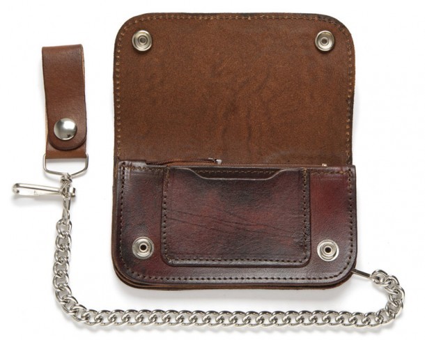Embossed vintage brown leather chain wallet with flying eagle