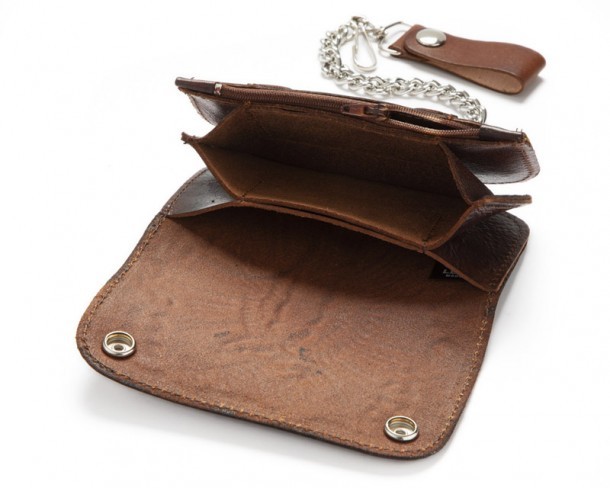 Embossed vintage brown leather chain wallet with flying eagle