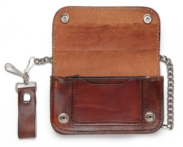Tooled longhorn and western landscape antique brown chain wallet
