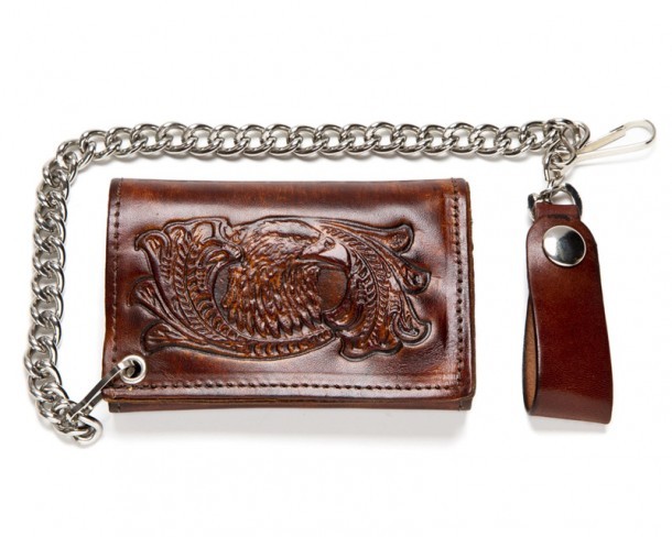 Men's Antique Brown Leather Chain Wallet (USA Made) Deer Embossed