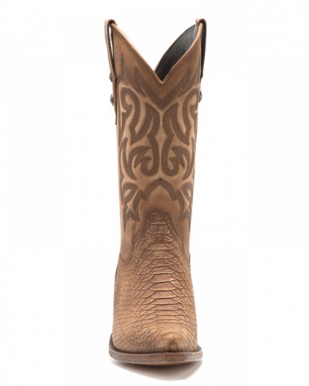 Sand brown leather ladies Mayura fashion western boots with printed snake skin