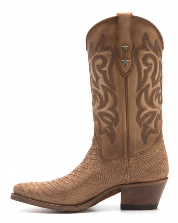 Sand brown leather ladies Mayura fashion western boots with printed snake skin