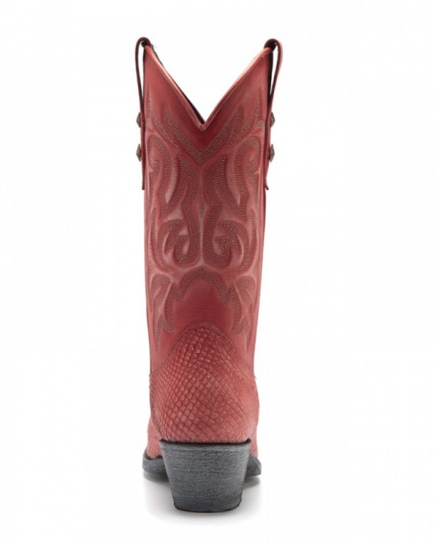 Ladies Mayura American style red boots with leather snake scale recreation