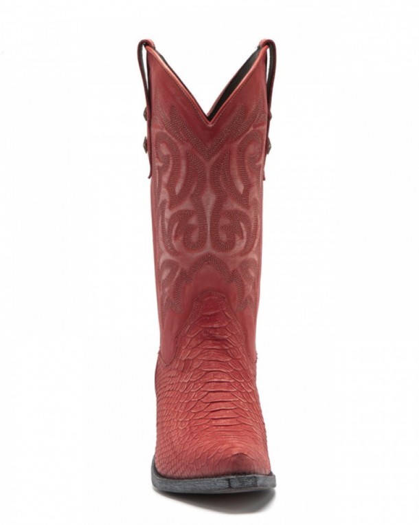 Ladies Mayura American style red boots with leather snake scale recreation