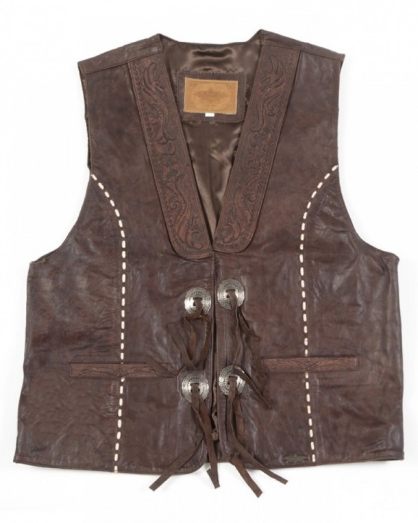 Mens Stars & Stripes distressed brown leather tooled cowboy vest