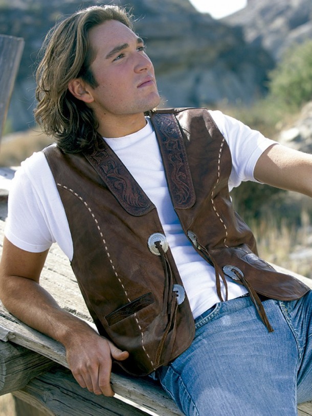 Mens Stars & Stripes distressed brown leather tooled cowboy vest