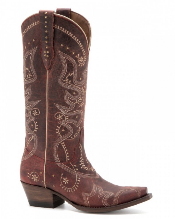 Bota cowgirl roja Denver Boots de piel de cabra con tachuelas doradas