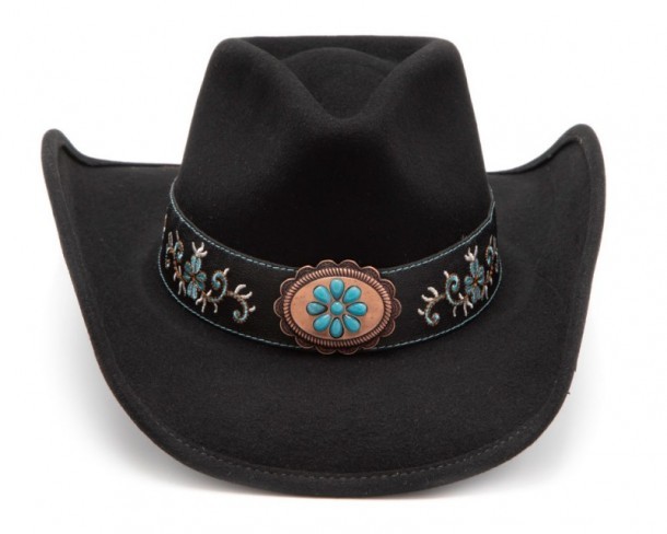Unisex black wool felt country hat with turquoise blue embroidery and flower buckle