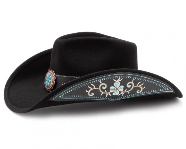 Sombrero country fieltro negro unisex con bordado azul turquesa y chapa floral decorativa