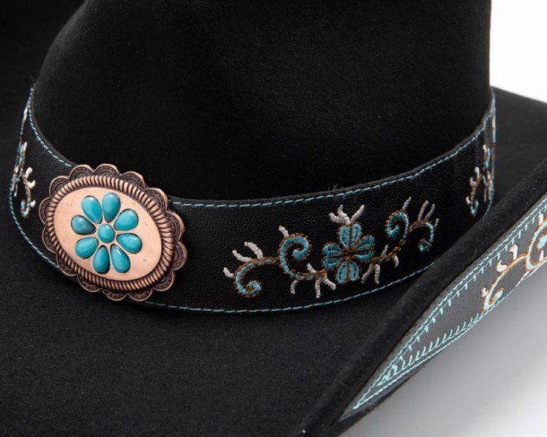 Unisex black wool felt country hat with turquoise blue embroidery and flower buckle