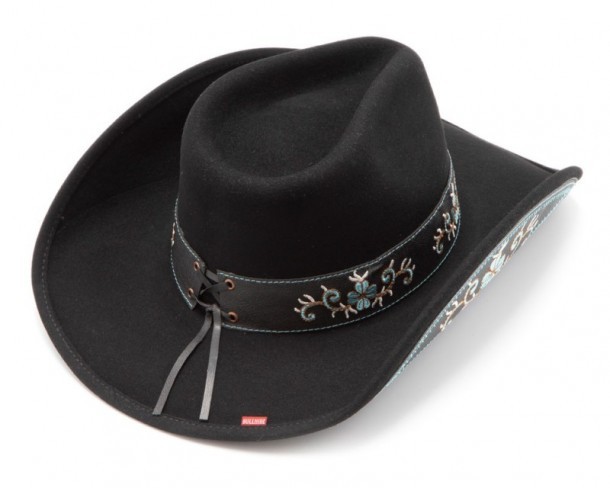 Sombrero country fieltro negro unisex con bordado azul turquesa y chapa floral decorativa