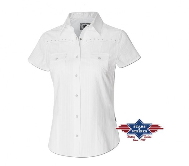 Ladies western white short sleeved blouse with rhinestones