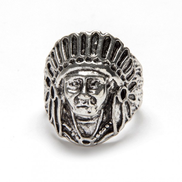 Native American chief image western style chrome metallic ring