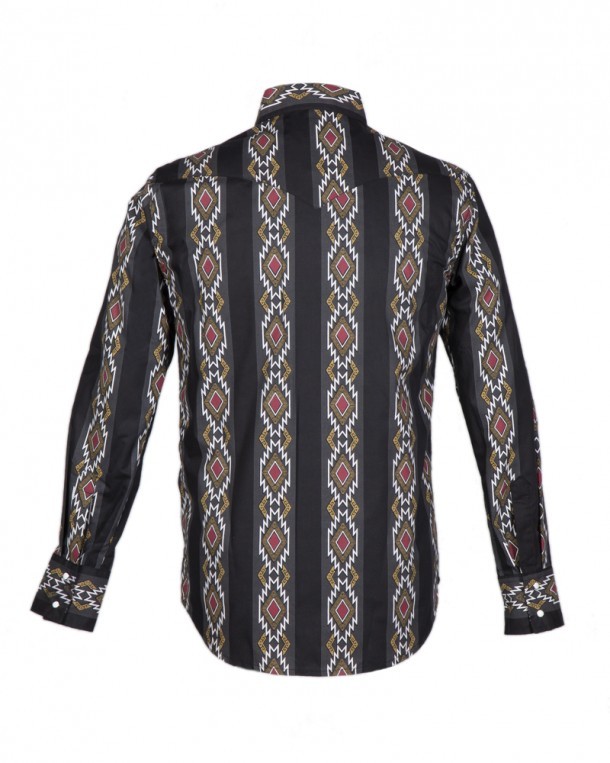 Camisa negra dos tonos con mosaicos a color moda vaquera hombre
