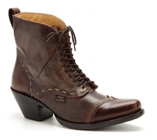 Add to your western boot collection these ladies Stars & Stripes charleston style laced ankle boots made with genuine crackled brown cow leather.