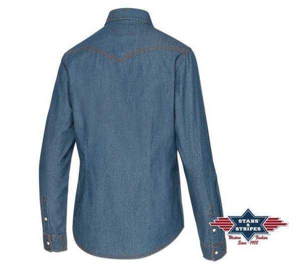 Stars & Stripes women denim long sleeve shirt embroidered with multicolor navajo mosaics