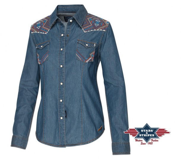 Stars & Stripes women denim long sleeve shirt embroidered with multicolor navajo mosaics
