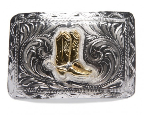 Shiny Mexican silver engraved belt buckle with golden cowboy boots