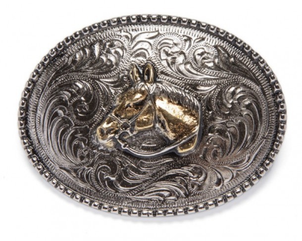 Hebilla western grande estilo vintage con cabeza de caballo brillo oro viejo