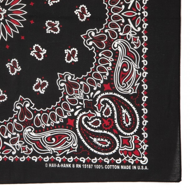 Biker black bandana with red and white paisley print for sale online. Protect your face from the wind with this 100% cotton bandana