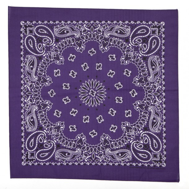 Western style purple bandana with white paisley print, 100% cotton made in USA. The perfect accessory for cowboys and cowgirls