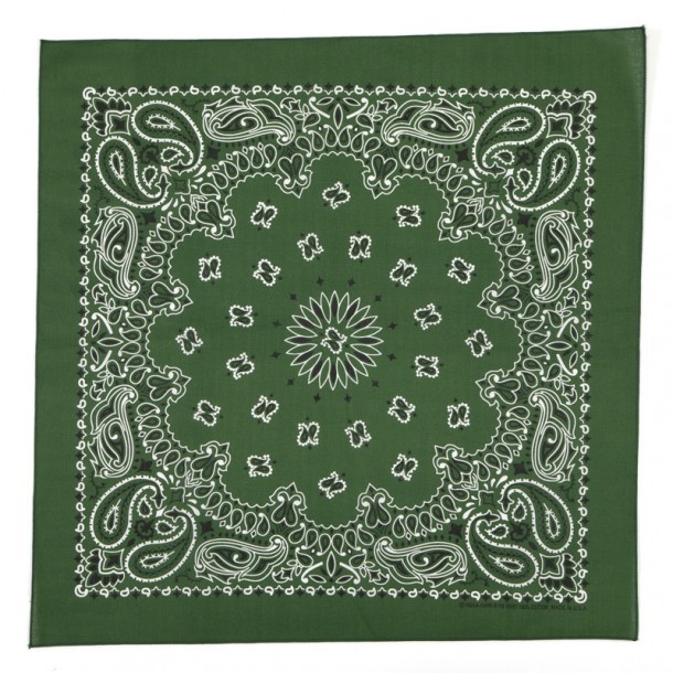 Buy the authentic hunter green paisley bandana at our online shop. The green scarf you will love for only 4 euros. 100% cotton made in USA.