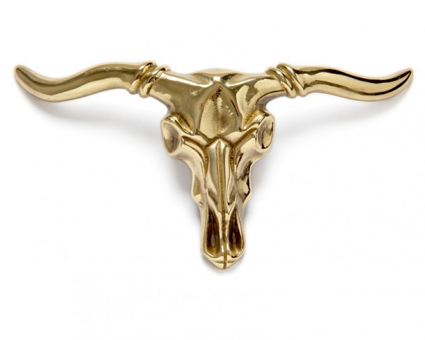 Big golden western longhorn skull belt buckle