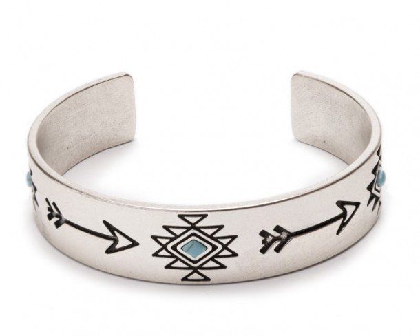 Adjustable bracelet in a worn silver tone and embedded turquoise stone