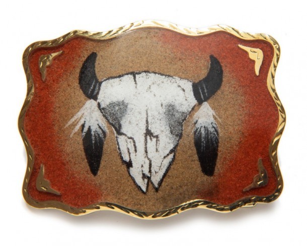 Sand painted steer skull handmade cowboy buckle
