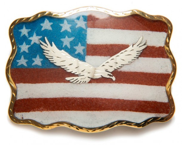 Sand painted United States flag belt buckle with silver engraved eagle