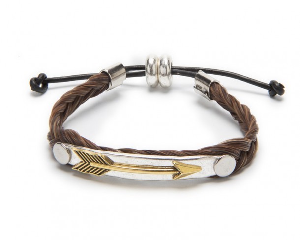 Hand-braided brown horse hair wristband with metallic golden arrow