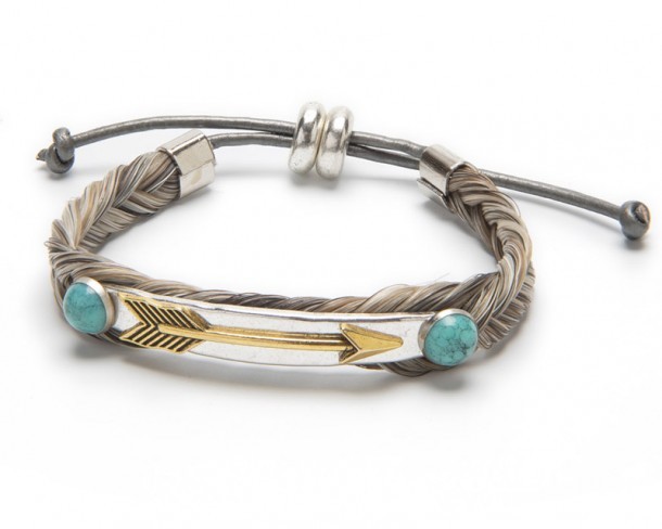 White horse hair braided bracelet ornated with Native American accents