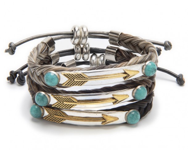 Dark brown horse hair bracelet with turquoise accents and arrow