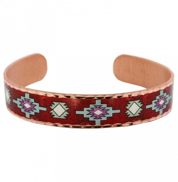 Buy this Southwestern style bracelet made with copper with a native inlay & red background at our online shop, and adjust it to your wrist.