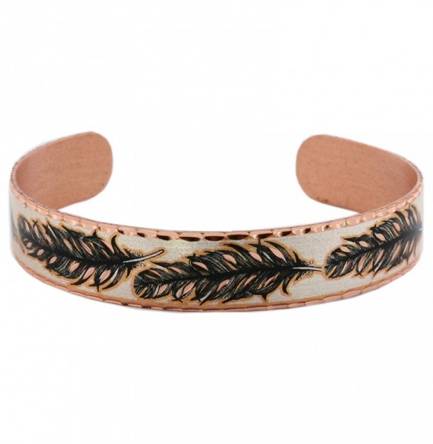 Southwestern copper cuff bracelet with drawn feathers
