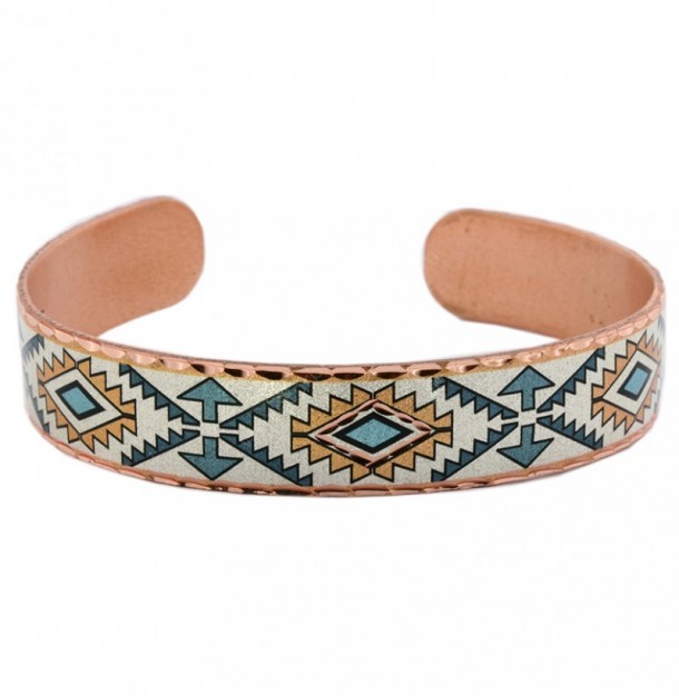Native American style copper cuff bracelet with blue arrows and mosaics