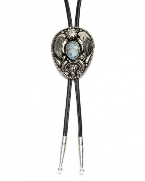 German silver Mexican made western bolo tie with natural turquoise rounded stone